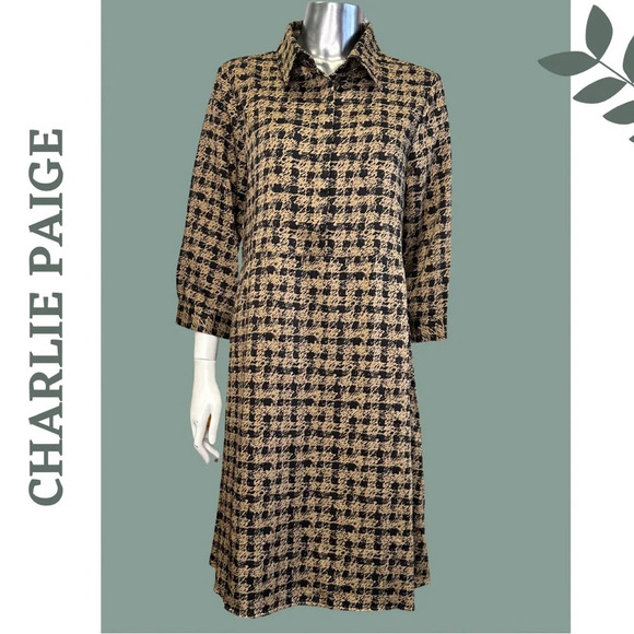 Charlie Paige Tunic Style Fall Dress Print 3-4 Sleeve Black Brown Size Small - Picture 3 of 10